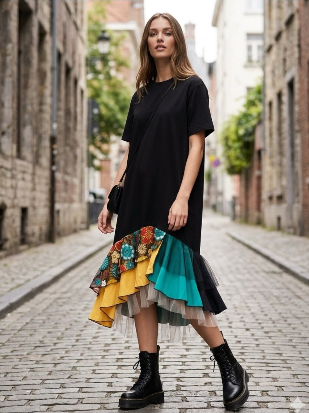 Stella Marina Collezione Fishtail Ruffle Midi T-Shirt Dress Patchwork Harajuku L